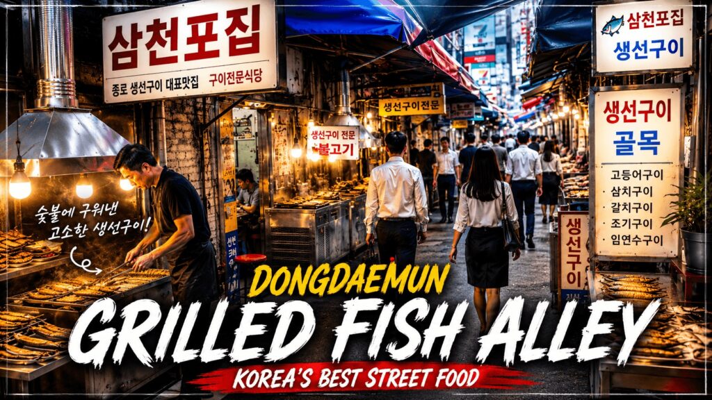 Best grilled fish alley near Dongdaemun Market Seoul Korea