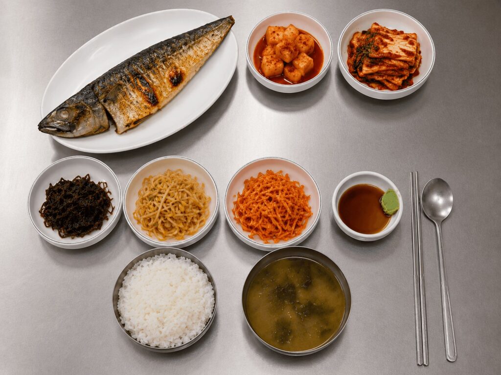 Korean grilled mackerel set meal with rice and side dishes in Seoul