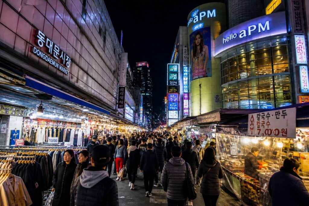Dongdaemun night market street with food stalls and shopping crowds in Seoul