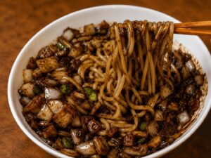 Close-up of Korean Black Bean Noodles at Donghaeru Chinese Restaurant in Jongno