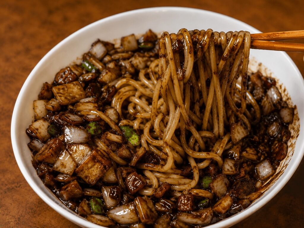 Close-up of Korean Black Bean Noodles at Donghaeru Chinese Restaurant in Jongno