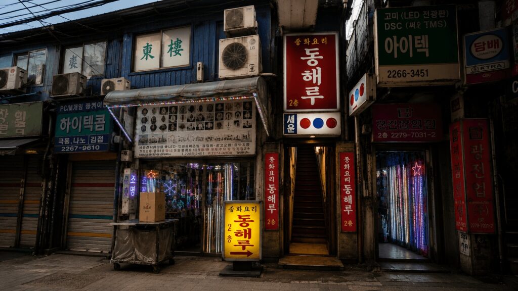 Exterior of Donghaeru Chinese Restaurant in Jongno Seoul at Night