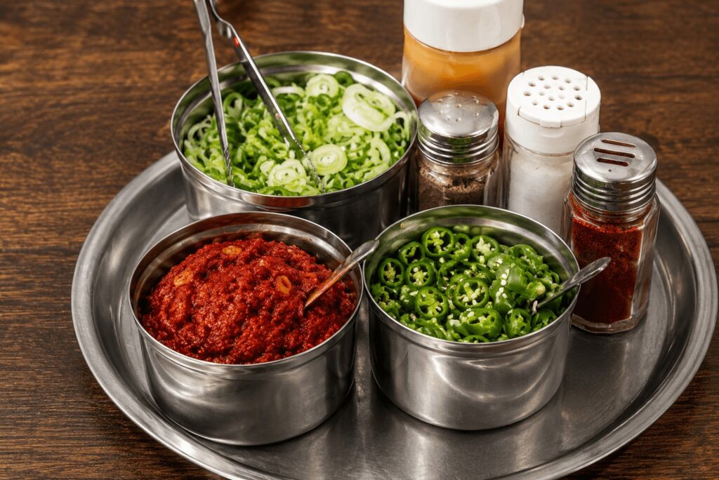 Korean haejangguk seasoning and chili condiment station