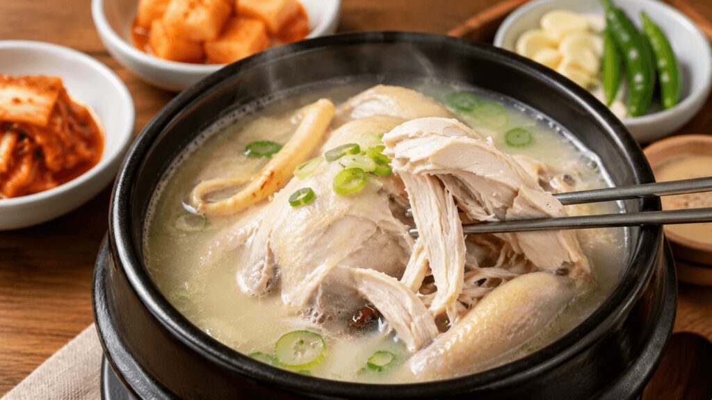 Korean samgyetang chicken soup close-up at Cheonil Samgyetang Seoul
