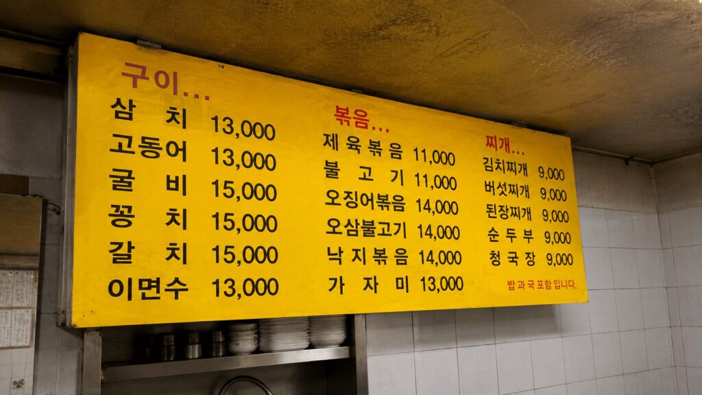 Honamjip Dongdaemun menu board with grilled fish and Korean stew dishes in Jongno Seoul