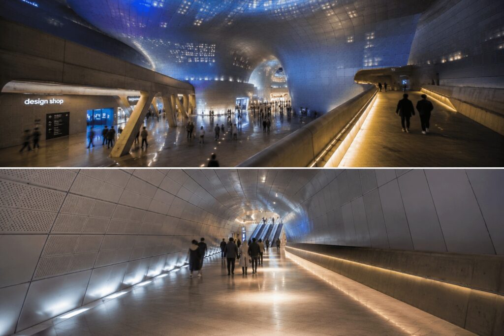 Futuristic interior walkway inside Dongdaemun Design Plaza Seoul