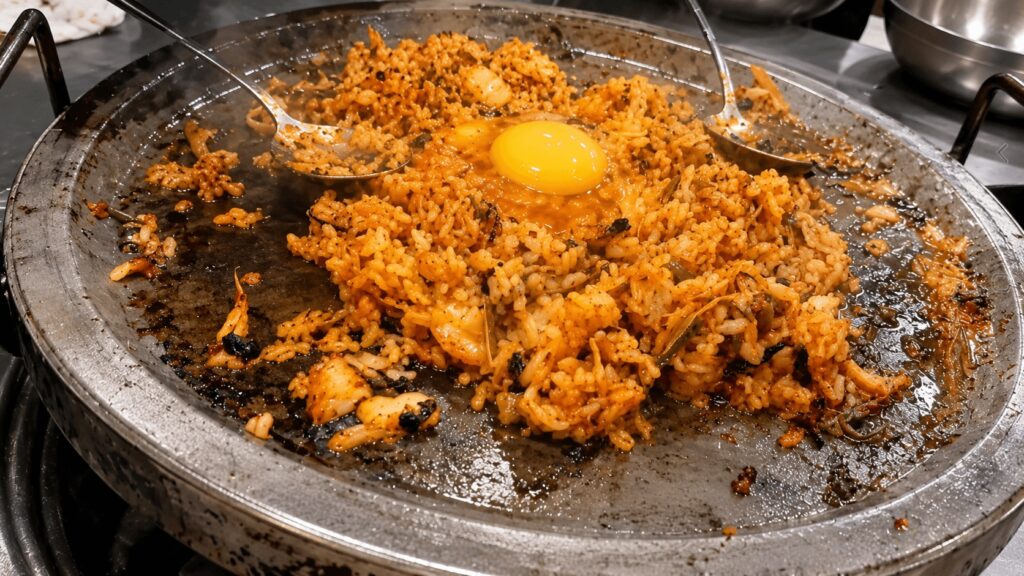  Korean fried rice with egg yolk cooked on a pork belly grill at Hando Samgyeopsal