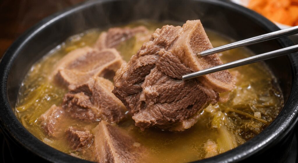 Tender beef bone meat from Korean haejangguk soup