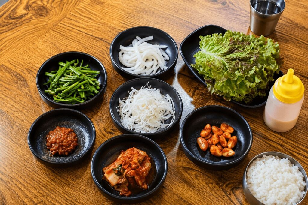 Korean side dishes served with pork bulbaek in Jongno Seoul