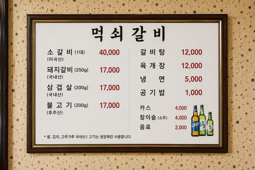 Meoksoe Jip menu and pork galbi prices in Jongno Seoul