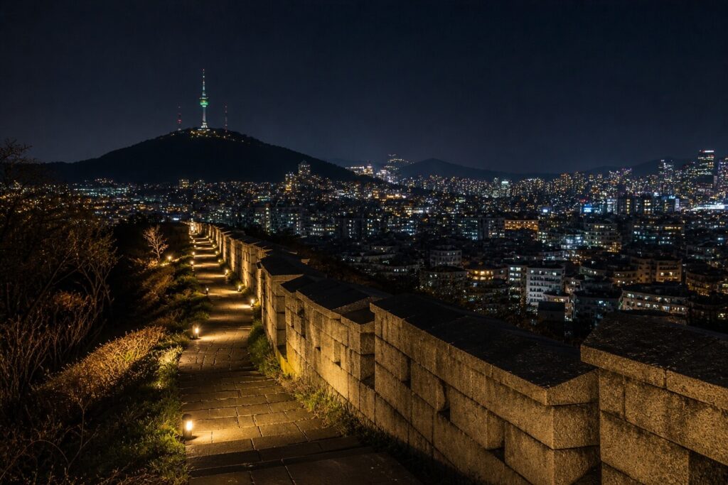 Naksan Park fortress wall night view with N Seoul Tower skyline