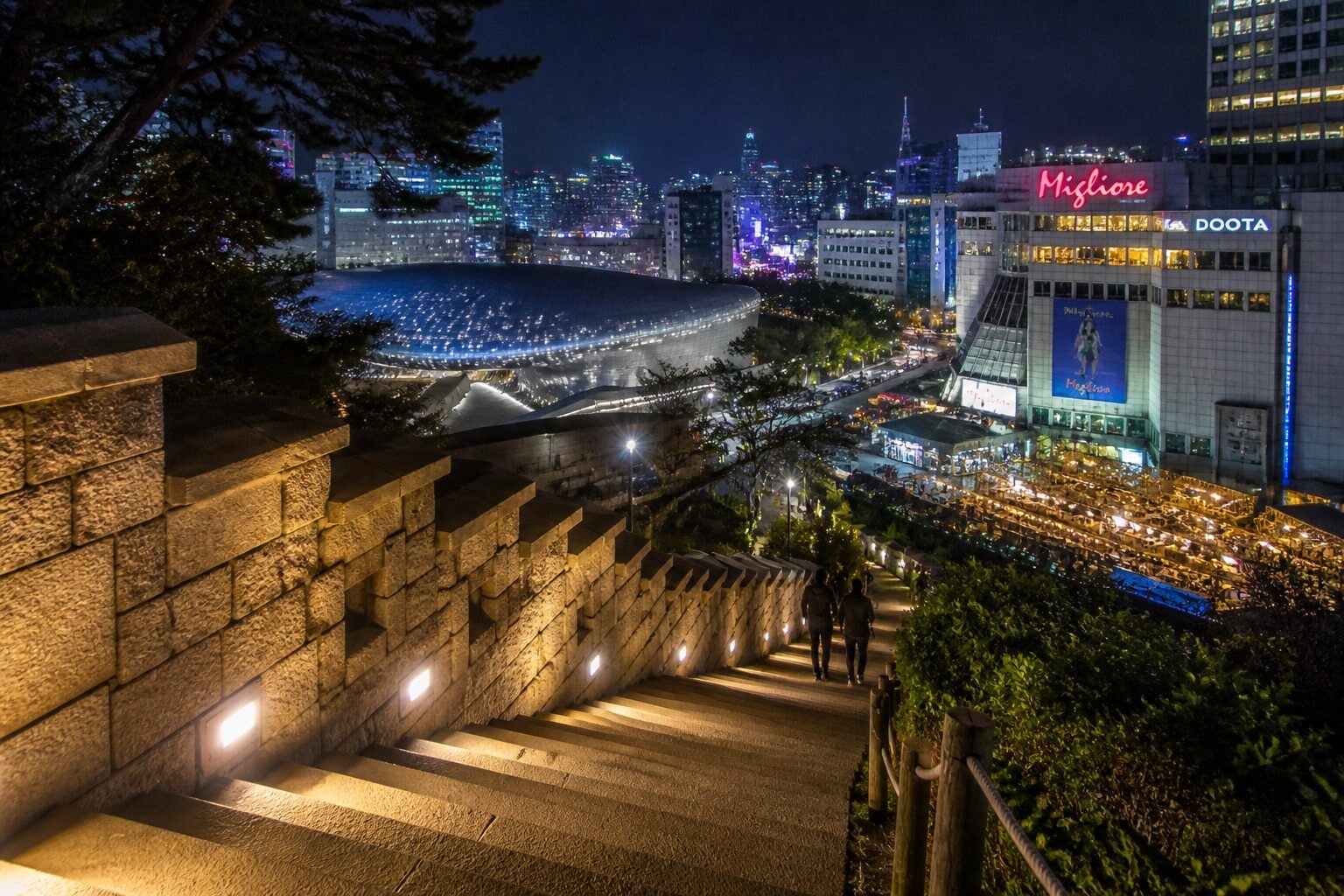 Dongdaemun Design Plaza night light garden with illuminated flowers in Seoul
