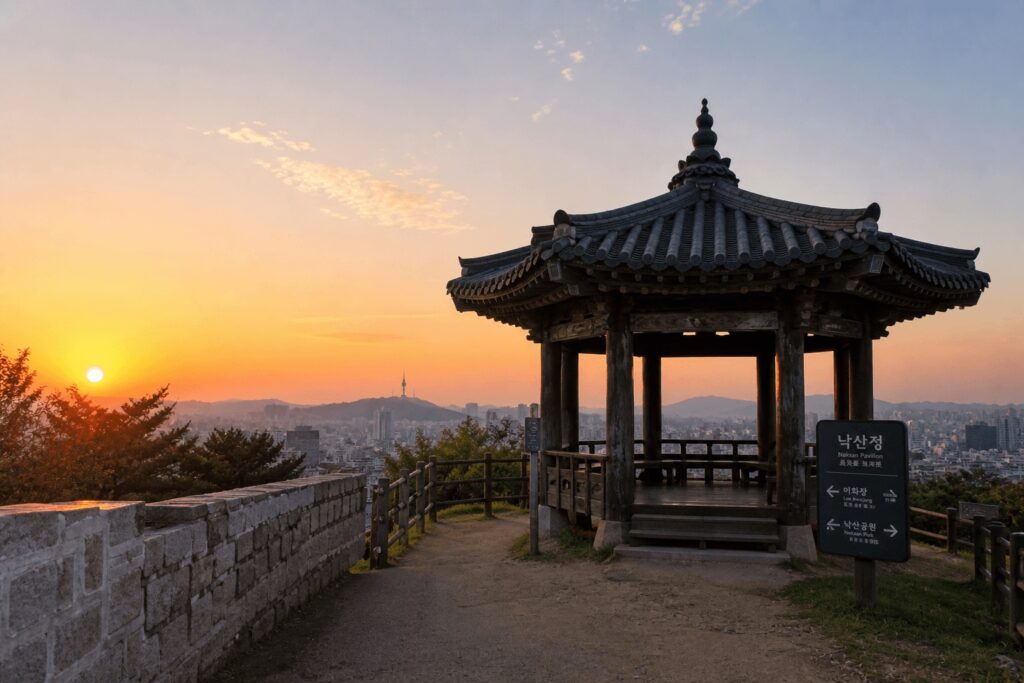 Naksan Pavilion at sunset with Seoul skyline and N Seoul Tower view from Naksan Park