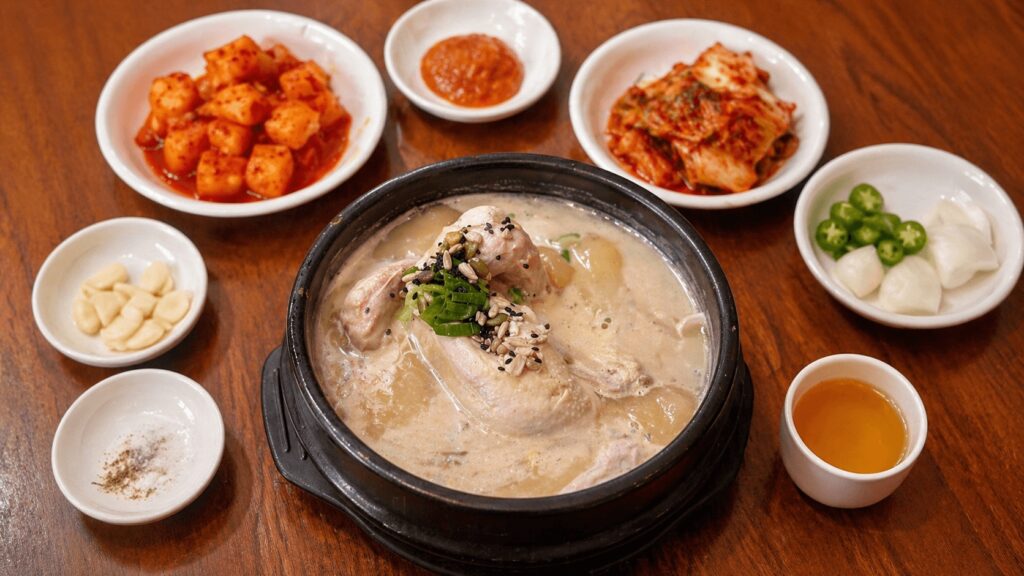 Korean ginseng chicken soup samgyetang set with side dishes