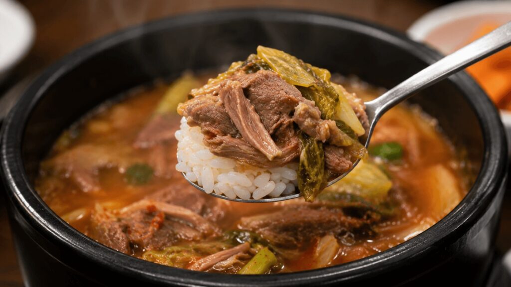 Spicy Korean haejangguk with rice and beef spoon