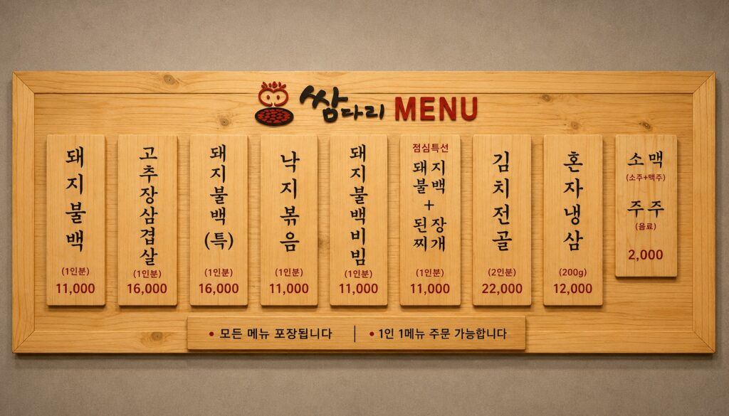 Menu board at Ssangdari Dwaeji Bulbaek restaurant in Jongno Seoul