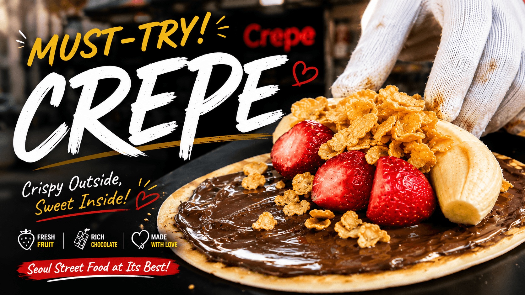 Must-try Dongdaemun crepe with strawberries banana and chocolate in Seoul Korea