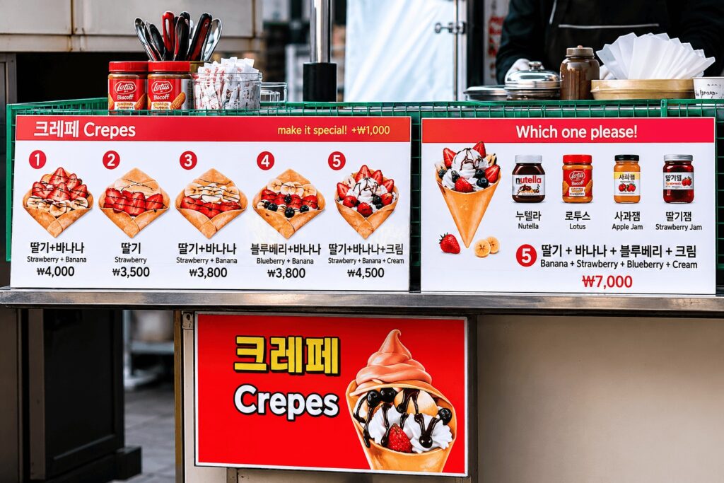 Korean crepe menu board with strawberry banana and blueberry crepes near Dongdaemun in Seoul
