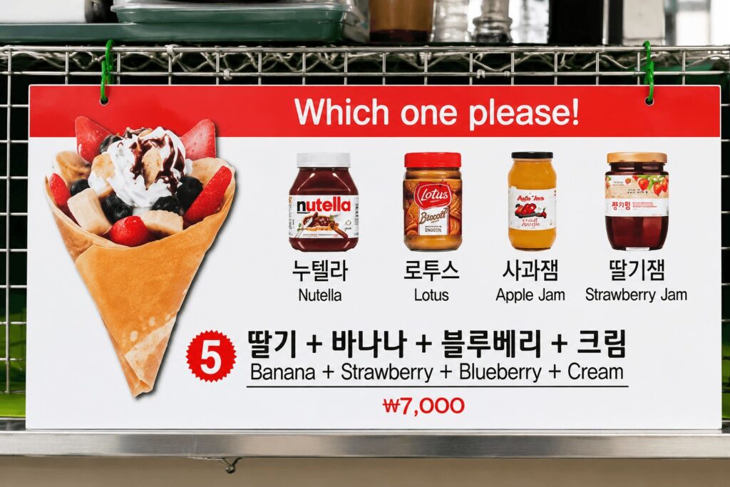Fruit and cream crepe menu with Nutella Lotus and strawberry jam at Dongdaemun Seoul