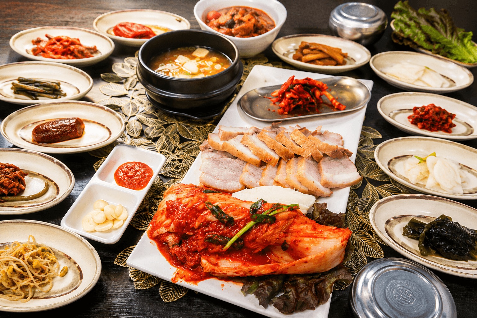 Bossam set at Hansangcharim Bapsang near Dongdaemun with boiled pork, kimchi, and Korean side dishes.