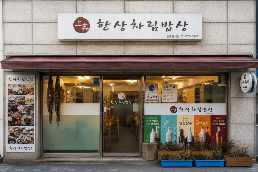 Exterior of Hansangcharim Bapsang restaurant near Dongdaemun in Seoul.