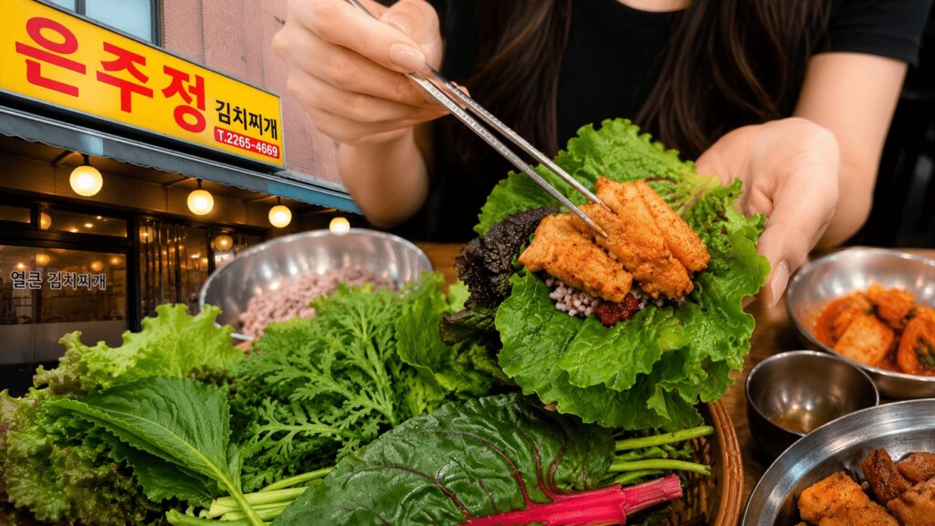 Korean ssam-style kimchi stew wrap near Gwangjang Market in Jongno Seoul