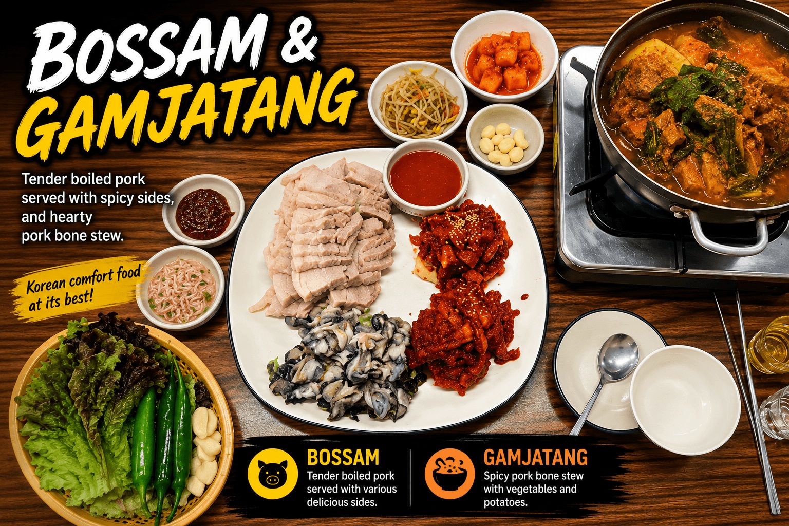 Korean bossam restaurant meal with gamjatang at Samhaejip in Jongno Seoul
