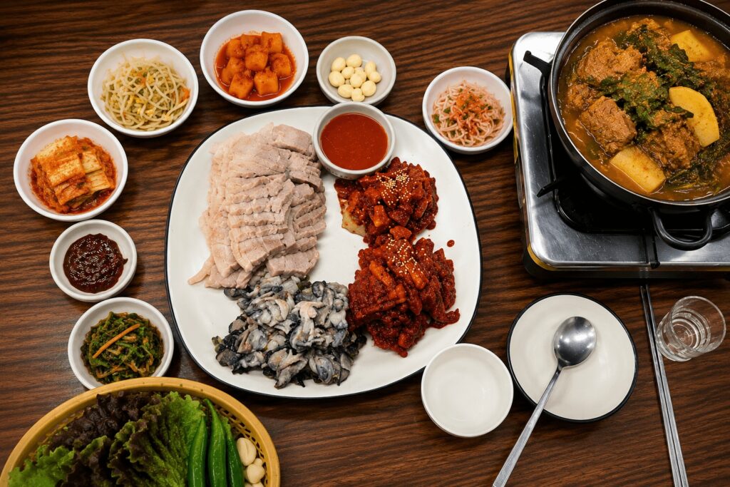 Korean bossam restaurant set with oysters and pork bone stew at Samhaejip