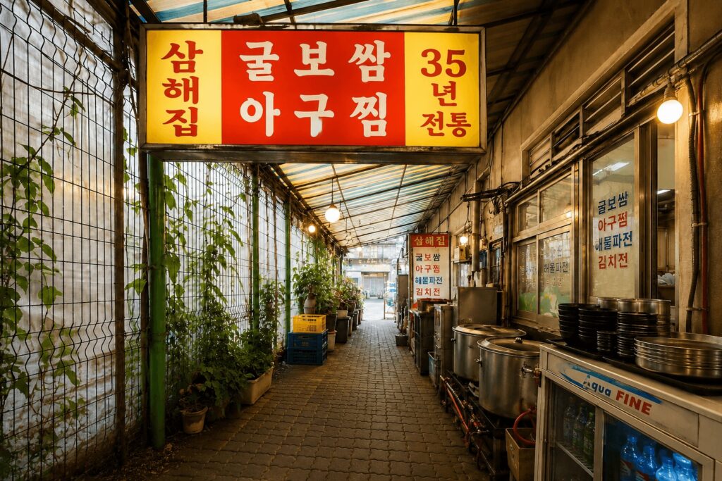 Traditional Korean bossam restaurant entrance at Samhaejip in Jongno Seoul
