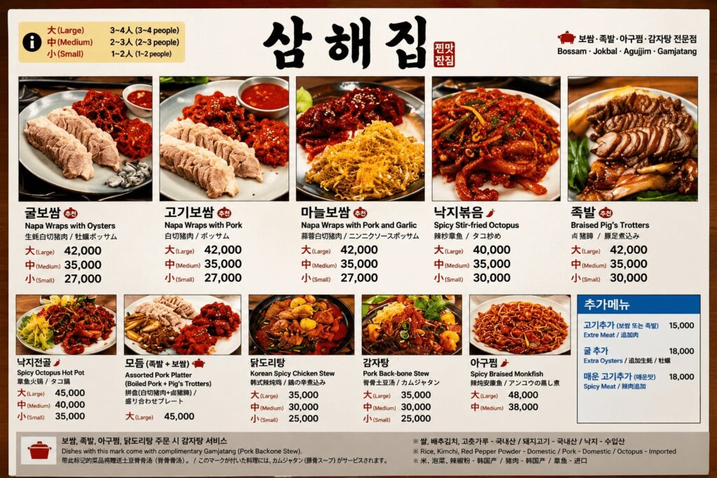 Korean bossam restaurant menu board at Samhaejip in Jongno Seoul