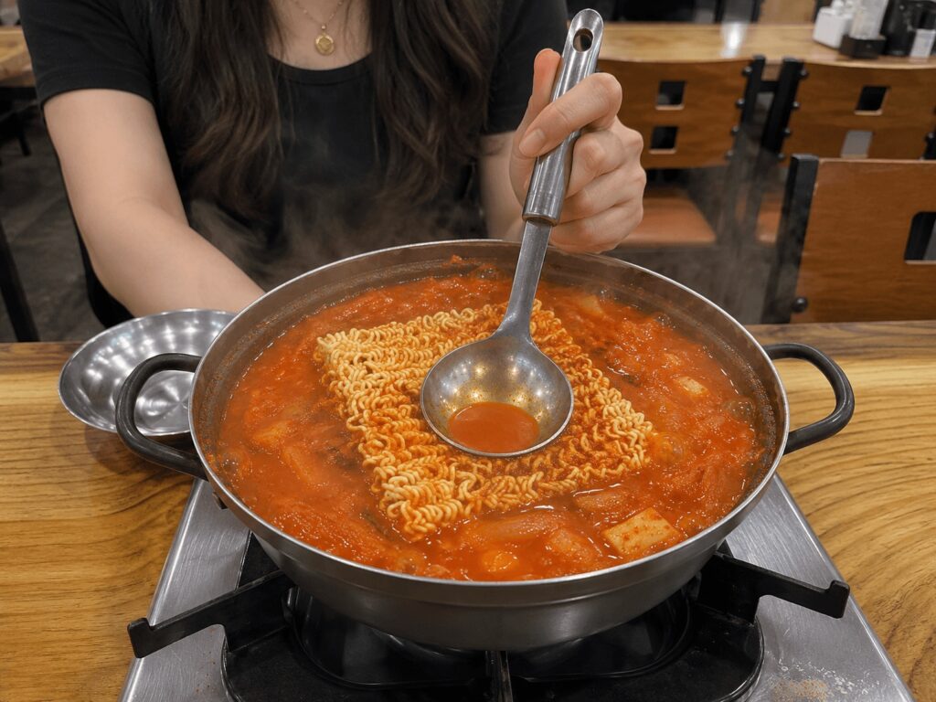 Korean kimchi stew with ramen noodles near Gwangjang Market in Jongno