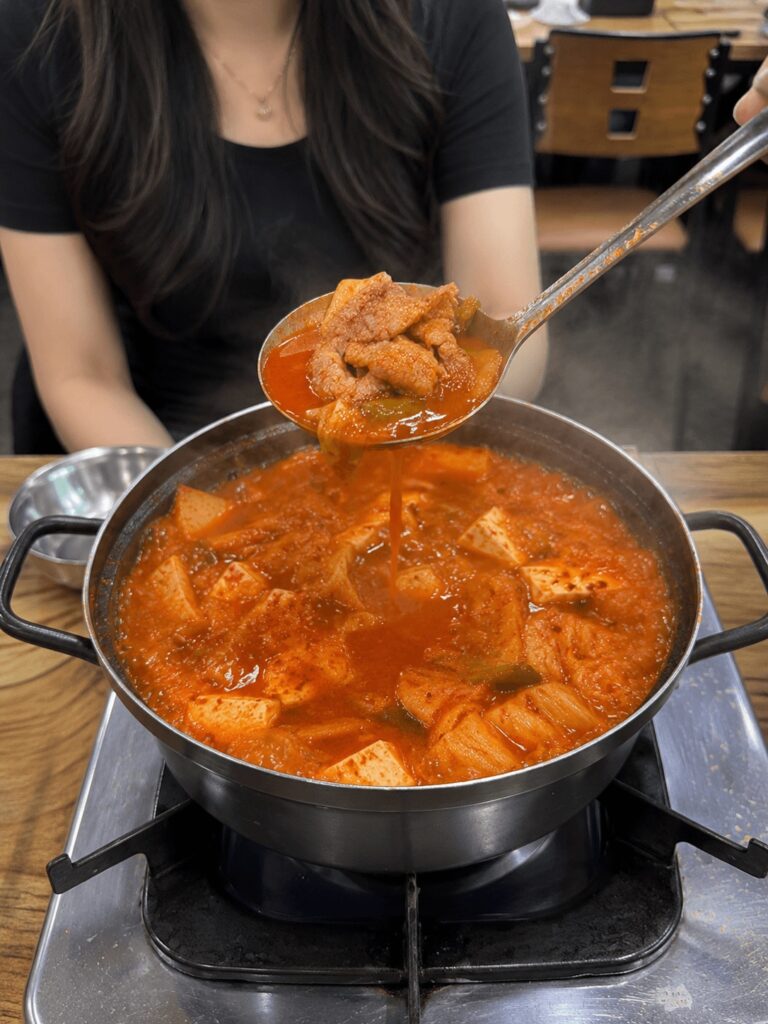 Pork kimchi stew close-up near Gwangjang Market in Jongno Seoul