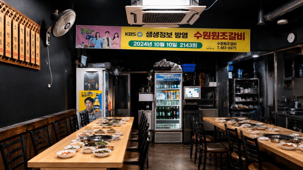Interior of a traditional Korean pork galbi restaurant in Seongsu