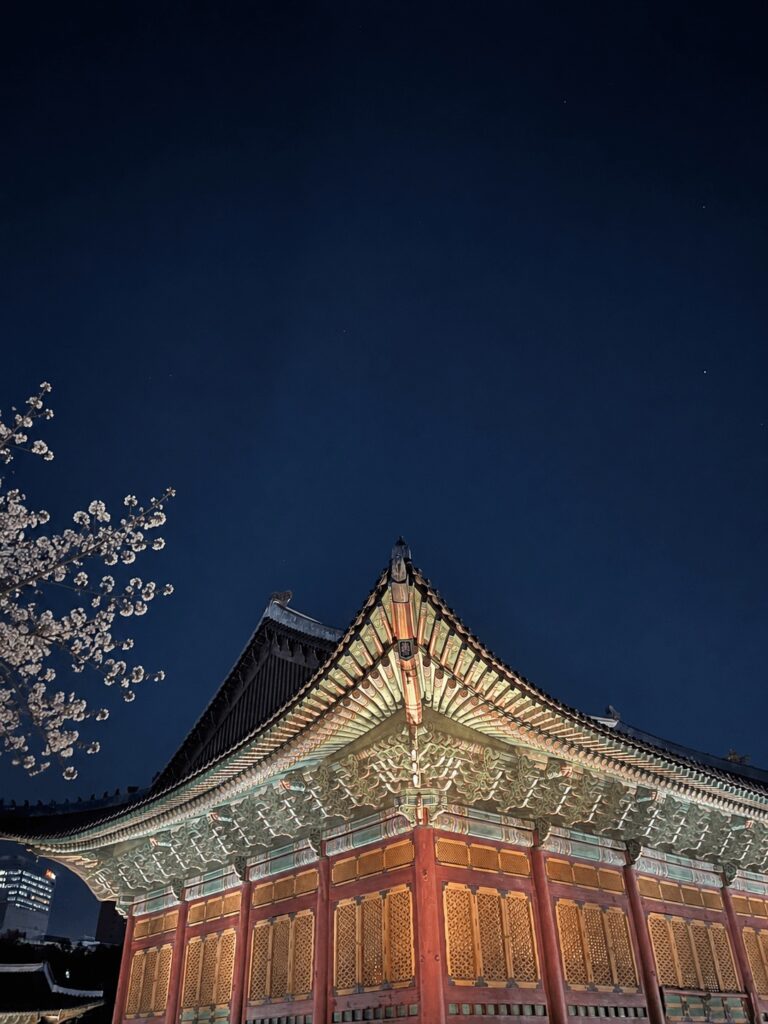 Illuminated Deoksugung palace pavilion with cherry blossoms during the night opening in Seoul