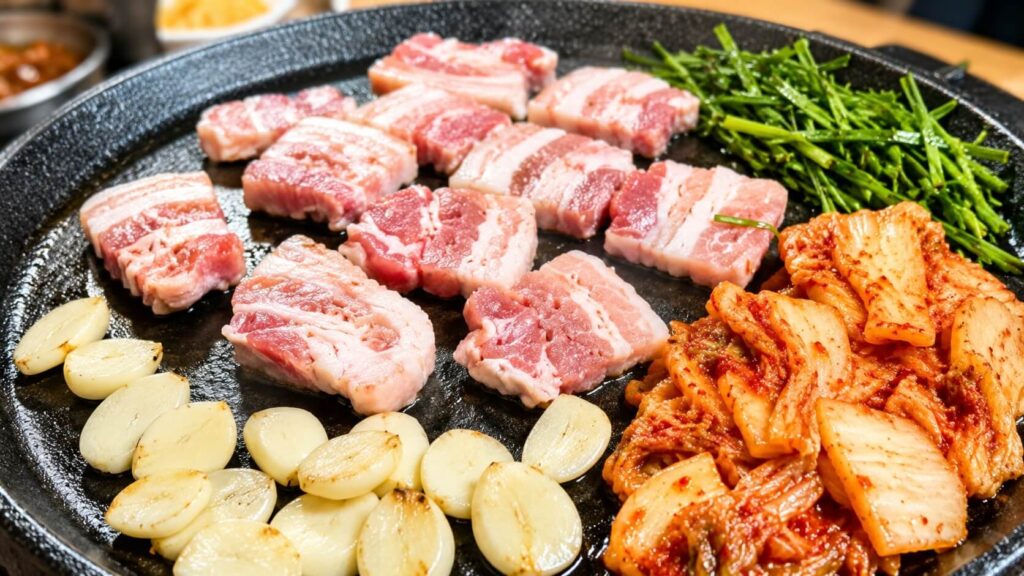 Fresh pork belly cooking on a Korean BBQ grill with garlic, kimchi, and chives at Happy Restaurant near Seongsu Station