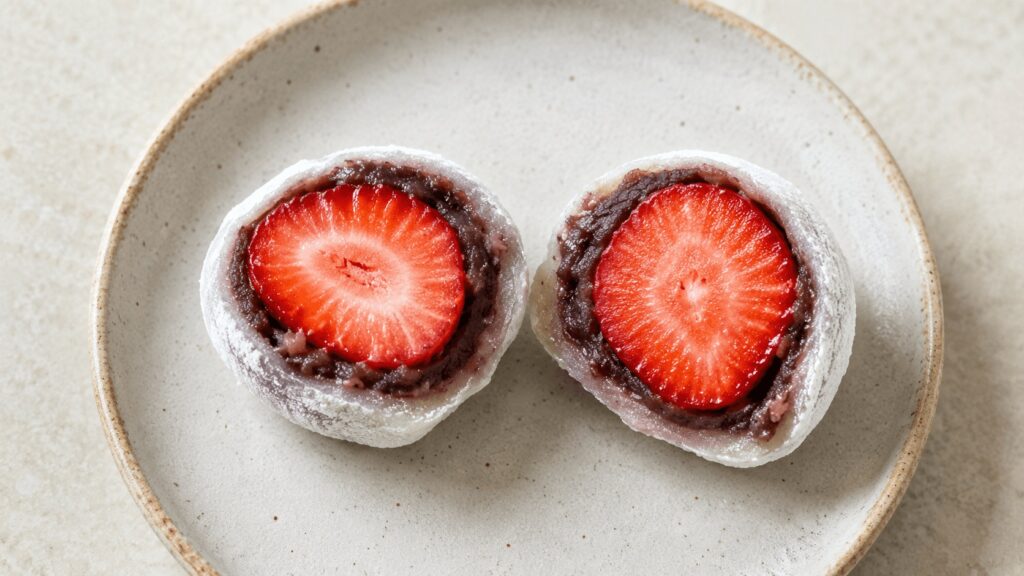 Fresh strawberry mochi cut in half showing red bean filling