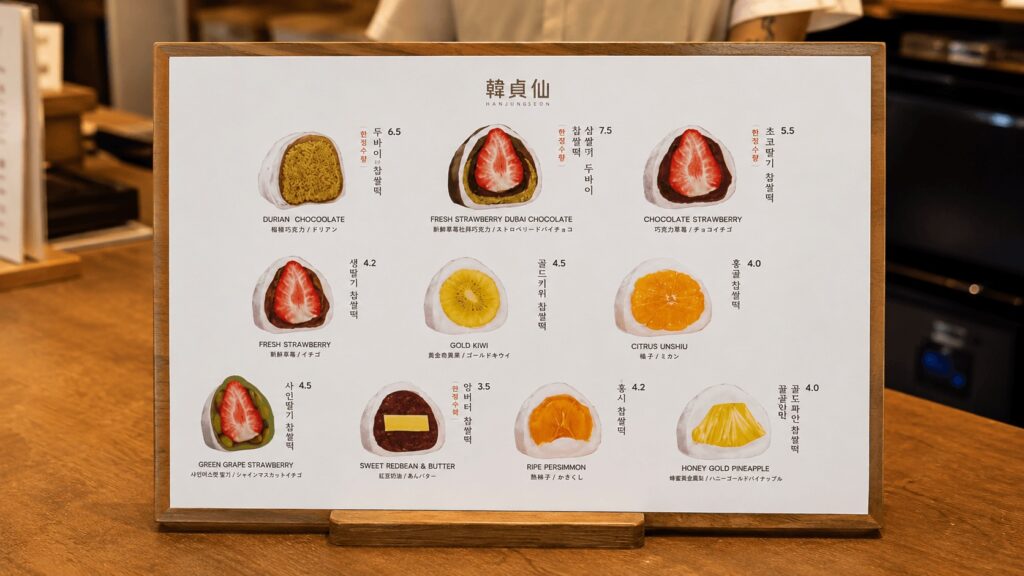 Traditional mochi menu at Hanjungseon dessert shop in Seoul
