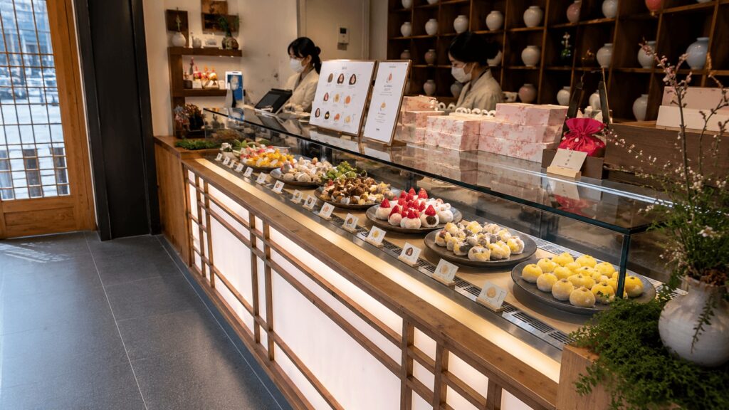 Interior of Hanjungseon mochi dessert shop with display counter