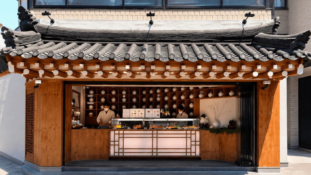 Traditional Korean storefront of Hanjungseon mochi shop in Seoul
