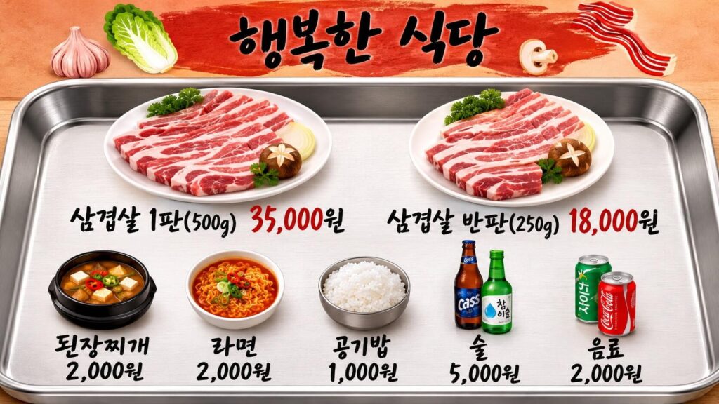Menu featuring fresh pork belly, doenjang stew, ramen, rice, and drinks at Happy Restaurant