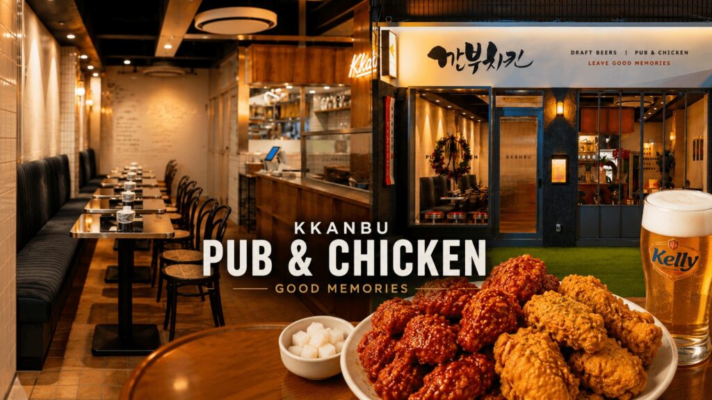 Kkanbu Chicken near Seongsu Station featuring a spacious Korean pub interior, crispy fried chicken, draft beer, and a cozy chimaek atmosphere in Seoul.