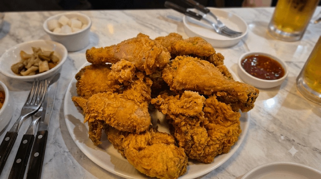 Original crispy Korean fried chicken at Kkanbu Chicken near Seongsu Station, served fresh with pickled radish and dipping sauce.