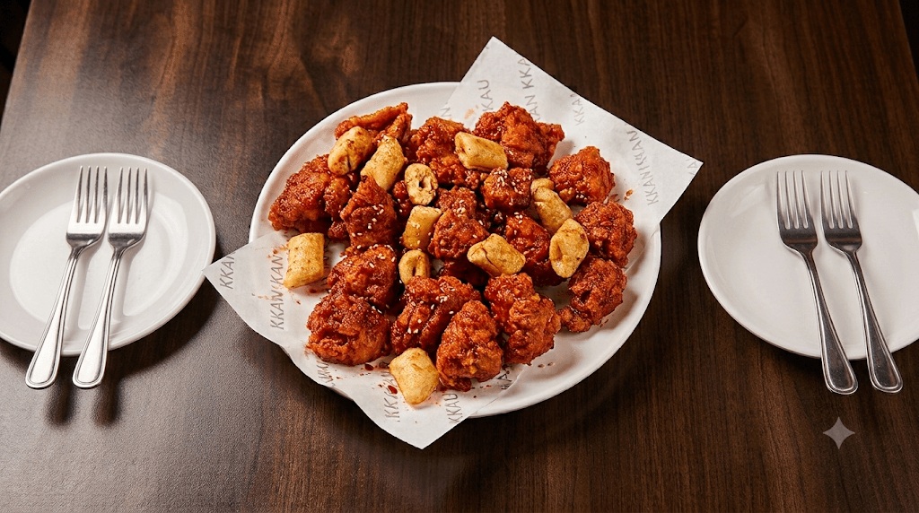 Boneless garlic soy Korean fried chicken at Kkanbu Chicken near Seongsu Station, topped with roasted garlic pieces.
