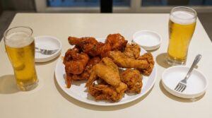 Half original fried and half sweet spicy Yangnyeom Korean chicken with draft beer at Kkanbu Chicken near Seongsu Station.