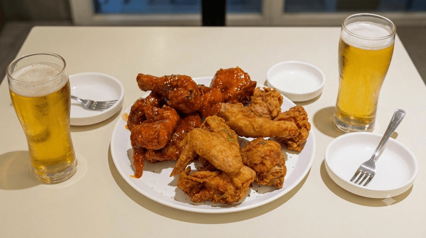 Half original fried and half sweet spicy Yangnyeom Korean chicken with draft beer at Kkanbu Chicken near Seongsu Station.