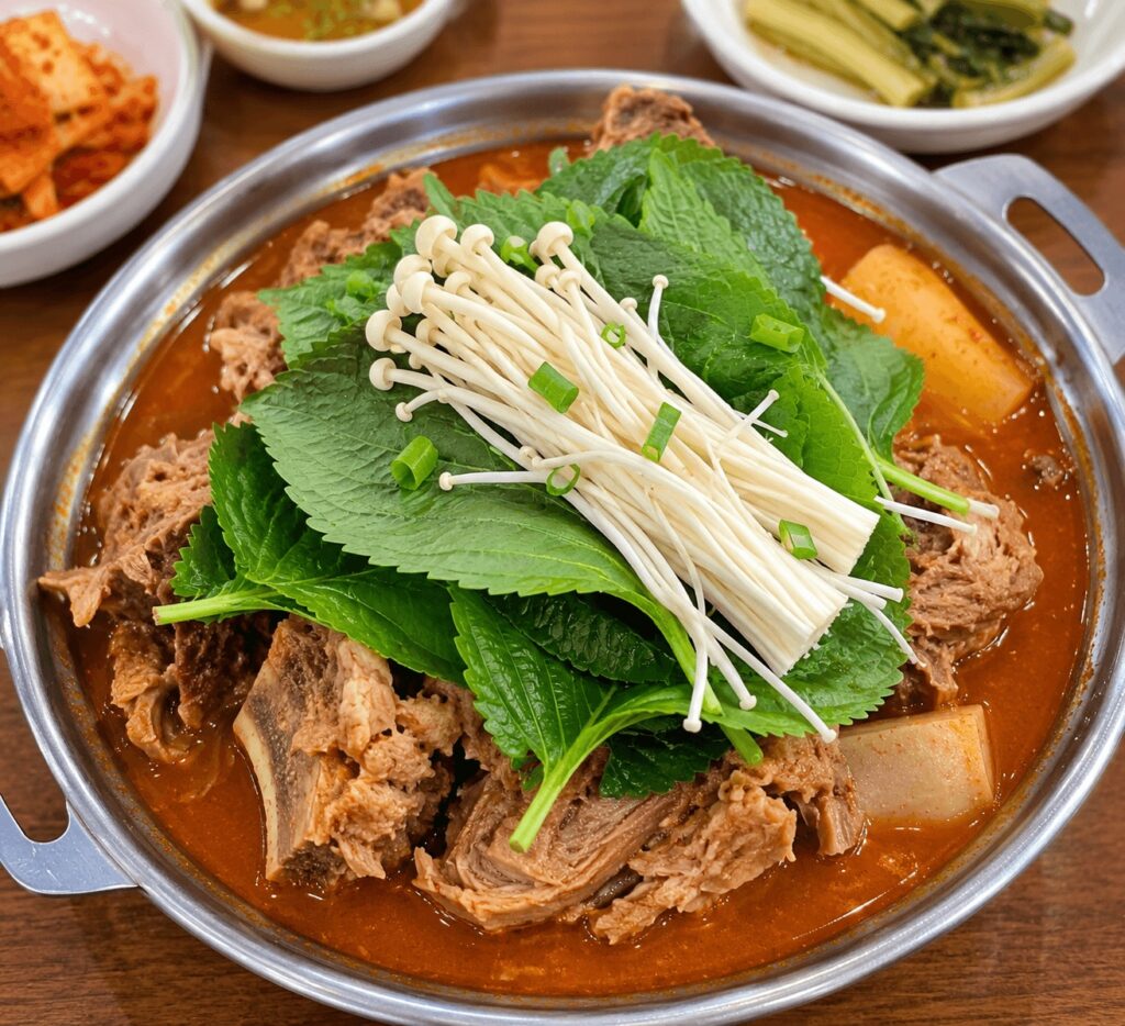 Main pot of spicy Korean gamjatang served in Seongsu restaurant