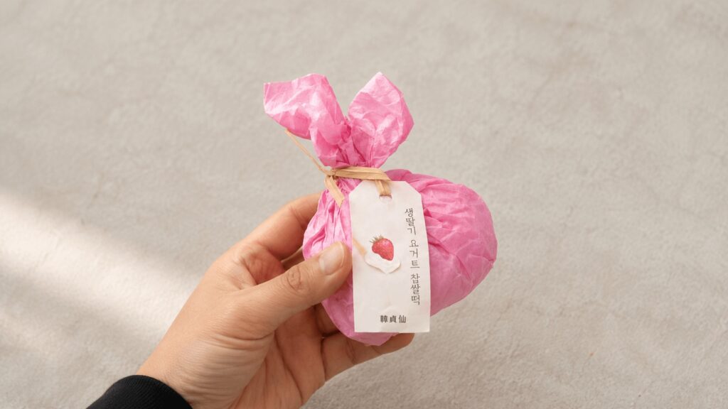 Packaged strawberry mochi from Hanjungseon in pink wrapping
