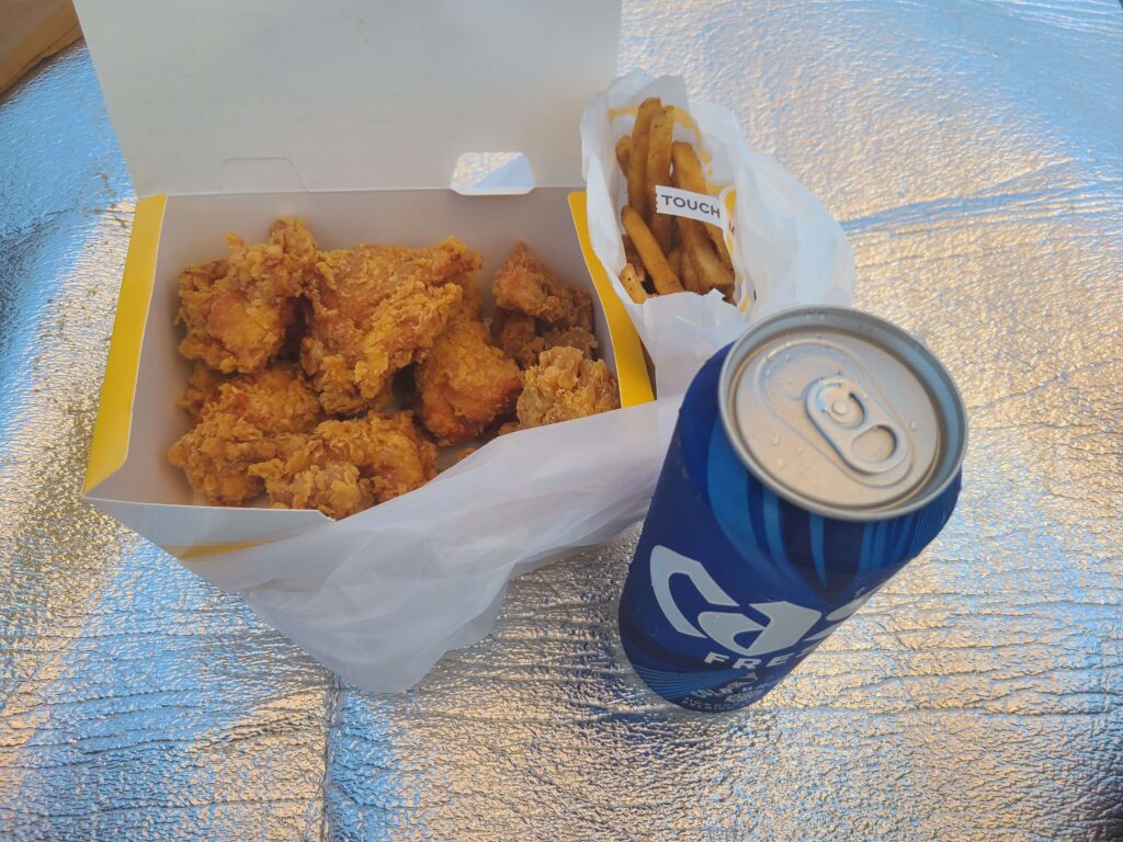 Fried chicken, French fries and beer at Daecheon Beach in Boryeong, Korea