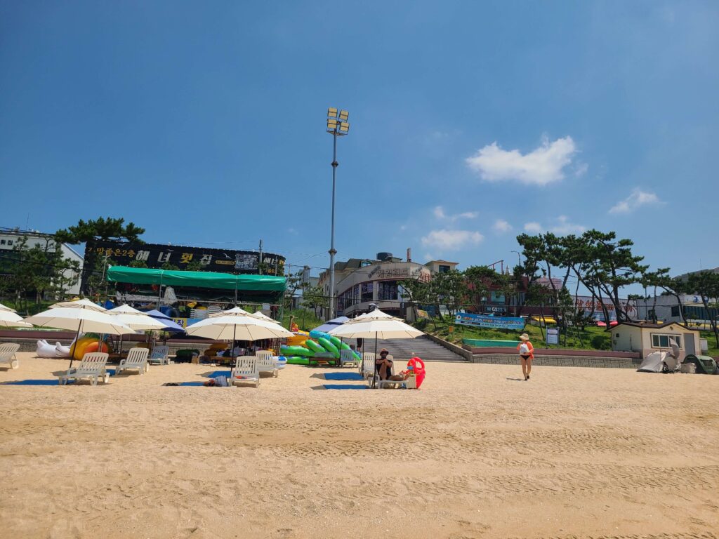 Beach parasols and chairs for visitors at Daecheon Beach in Boryeong, Korea
