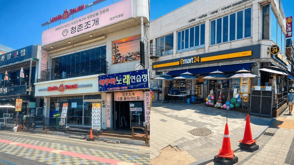 Restaurants and convenience store near Daecheon Beach in Boryeong, Korea